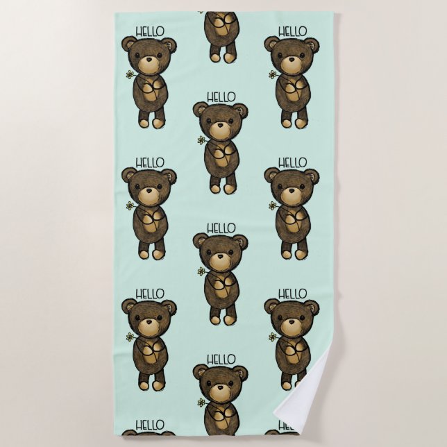 Cute Brown Bear Holding a Yellow Flower Beach Towel (Front)