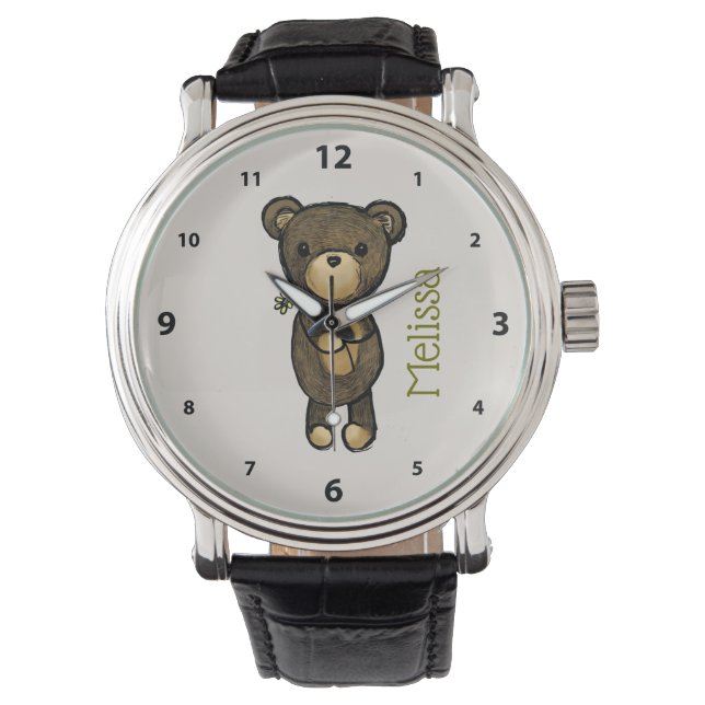Cute brown Bear holding a Yellow Flower Custom Watch (Front)