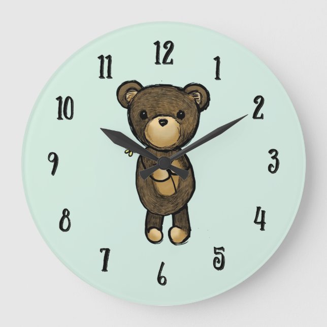 Cute Brown Bear Holding a Yellow Flower Large Clock (Front)