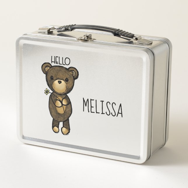 Cute Brown Bear Holding a Yellow Flower Metal Lunch Box (Front)