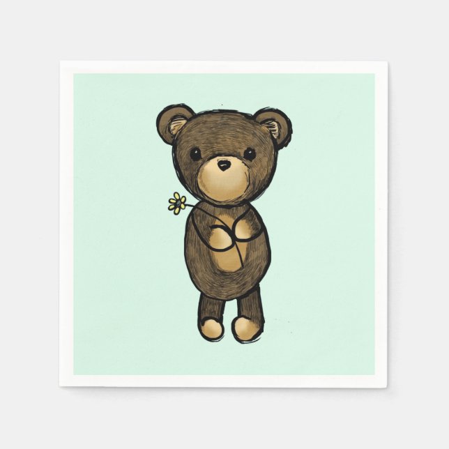 Cute Brown Bear Holding a Yellow Flower Napkin (Front)
