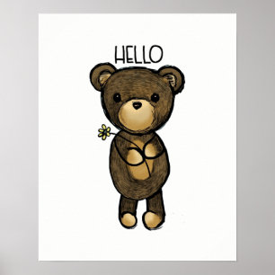Cute Brown Bear Holding a Yellow Flower Poster