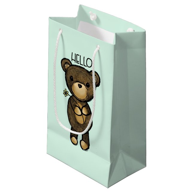 Cute Brown Bear Holding a Yellow Flower Small Gift Bag (Front Angled)