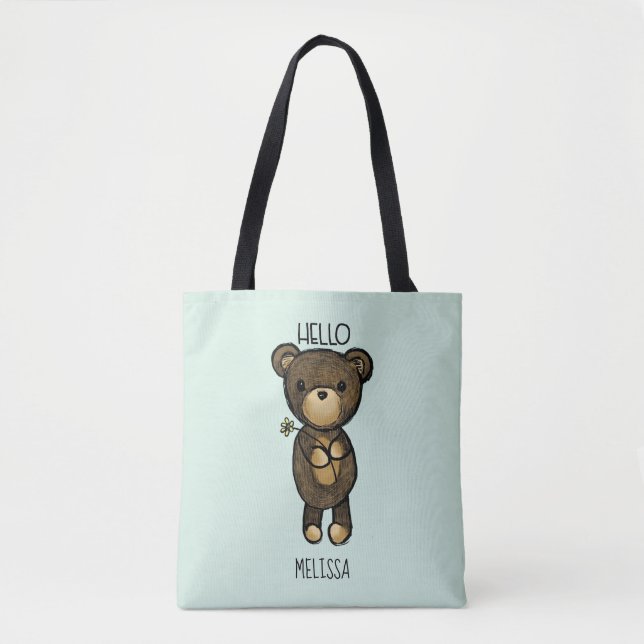 Cute Brown Bear Holding a Yellow Flower Tote Bag (Front)