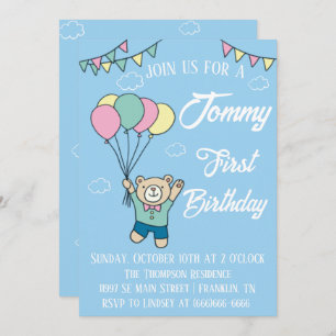 Cute Brown Bear Hot Air Balloon Boy Birthday Invitation