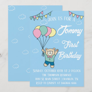Cute Brown Bear Hot Air Balloon Boy Birthday Invitation