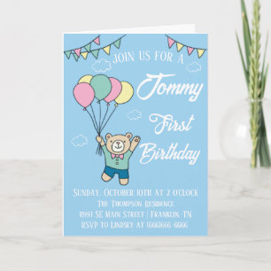 Cute Brown Bear Hot Air Balloon Boy Birthday Invitation