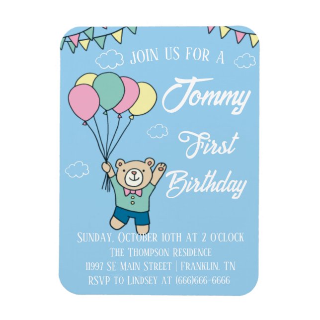 Cute Brown Bear Hot Air Balloon Boy Birthday Magnet (Vertical)