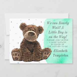 Cute Brown Bear It's a Boy Teal Modern Baby Shower Invitation