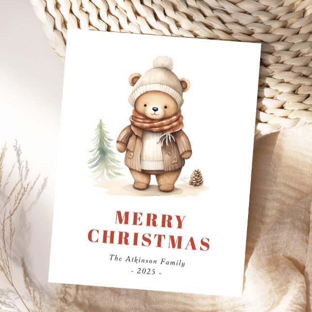 Cute Brown Bear Merry Christmas Holiday Postcard (Creator Uploaded)