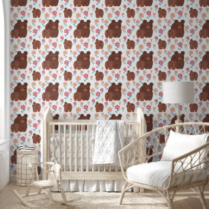 Cute brown bear mother and baby, flowers pattern wallpaper