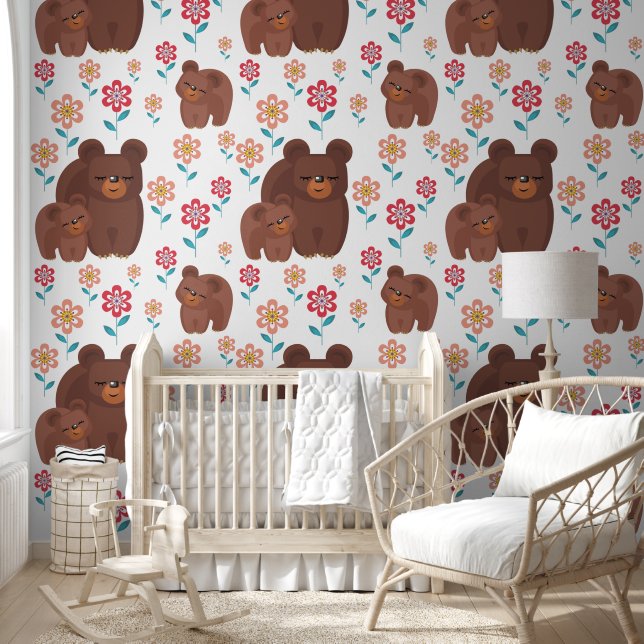 Cute brown bear mother and baby, flowers pattern wallpaper (Kids)