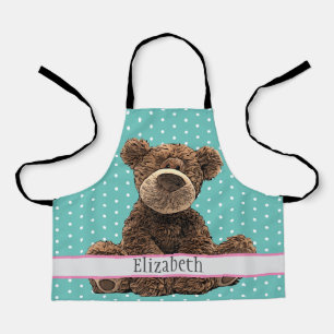 Cute Brown Bear Name Kids Animal Pattern Blue Apron