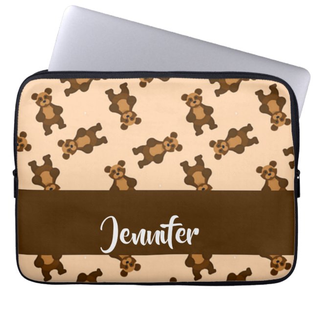 Cute brown bear on pink laptop sleeve (Front)