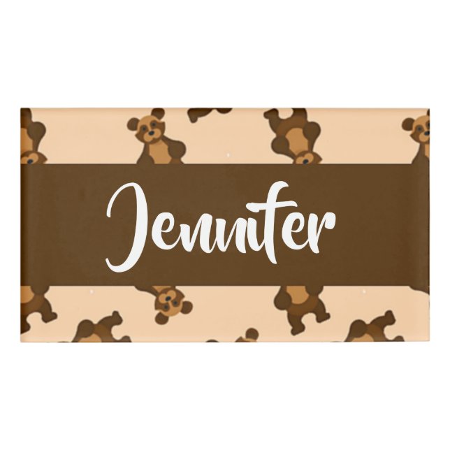 Cute brown bear on pink name tag (Front)