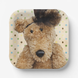 Cute Brown Bear On Polka Dots Paper Plate