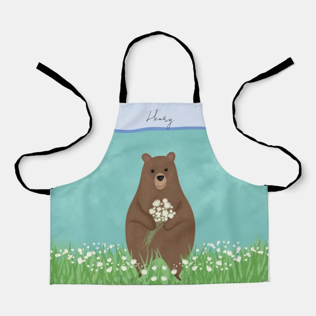 Cute brown bear personalised kids apron (Front)
