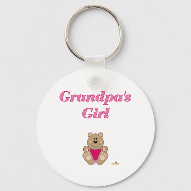 Cute Brown Bear Pink Bib Grandpa's Girl Key Ring (Front)