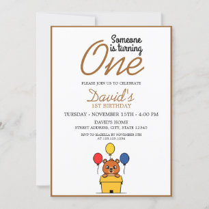 Cute Brown Bear Theme Boy 1st Birthday Invitation