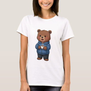 Cute Brown Bear Wearing Blue Hoodie T-Shirt