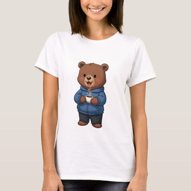 Cute Brown Bear Wearing Blue Hoodie T-Shirt (Front)