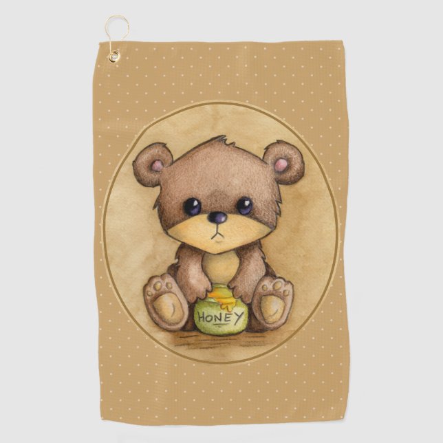 Cute Brown Bear With A Honey Pot Golf Towel (Front)