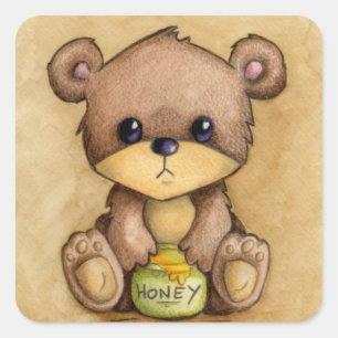 Cute Brown Bear With A Honey Pot Square Sticker