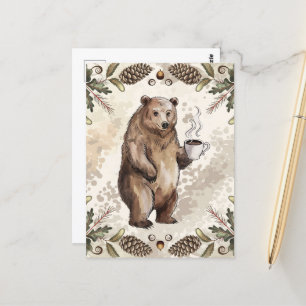 Cute Brown Bear With Coffee Postcard