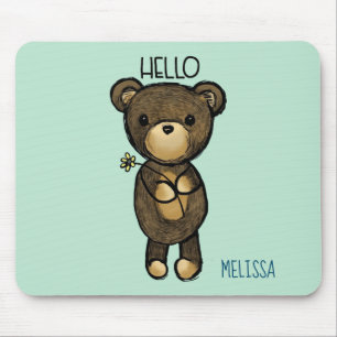 Cute Brown Bear with Yellow Flower Personalised Mouse Mat