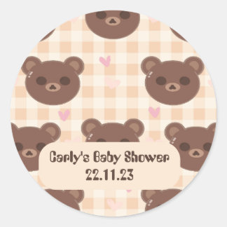 Cute Brown Bear Yellow Plaid Classic Round Sticker