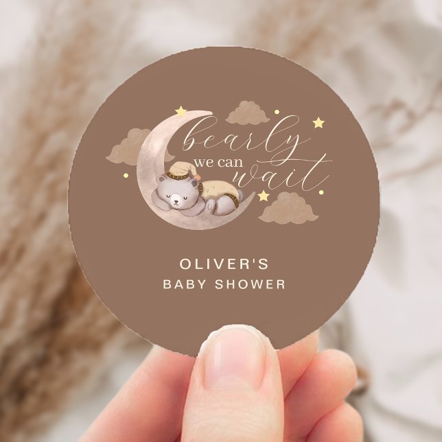 Cute Brown Bearly Wait Moon Star Sleepy Bear Classic Round Sticker (Cute Brown Bearly Wait Moon Star Sleepy Bear Classic Round Sticker)