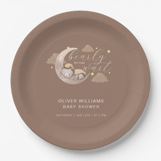 Cute Brown Bearly Wait Moon Star Sleepy Bear Paper Plate (Front)