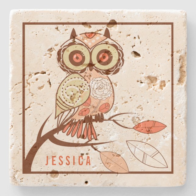 Cute Brown & Beige Owl Illustration Stone Coaster (Front)