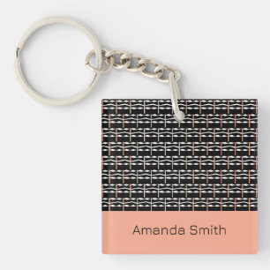 Cute Brown, Black and White Bold Squares Pattern Key Ring