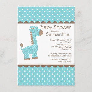 Cute Brown Blue Giraffe Boys Baby Shower Invitation