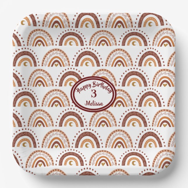 Cute Brown Boho Rainbow Whimsical Pattern Paper Plate (Front)