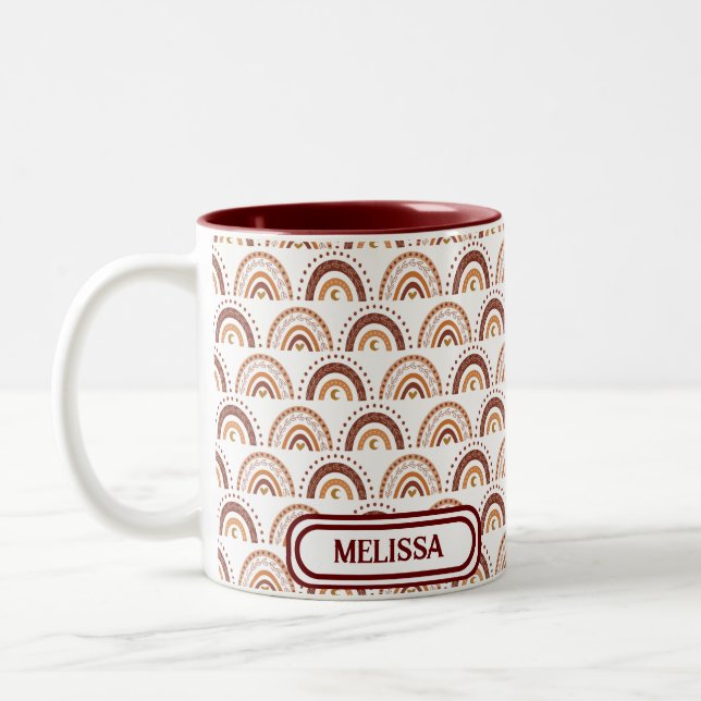 Cute Brown Boho Rainbow Whimsical Pattern Two-Tone Coffee Mug (Left)