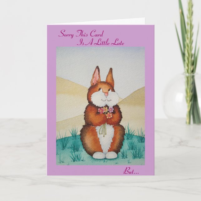 Cute brown bunny and flowers belated birthday card (Front)