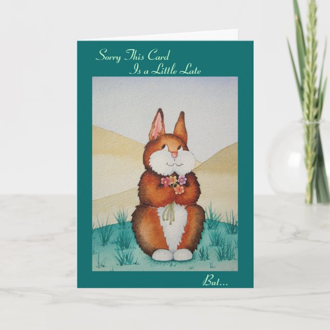Cute brown bunny and flowers belated birthday card (Front)