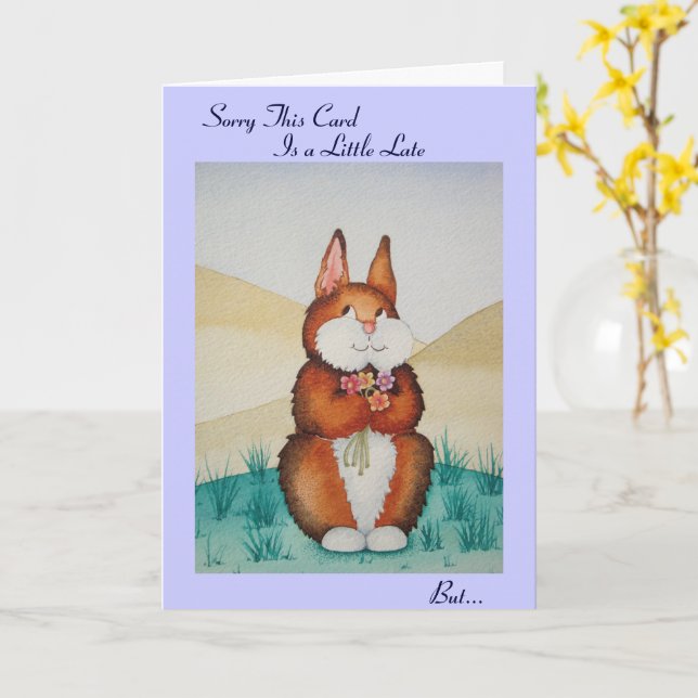 Cute brown bunny and flowers fun belated birthday card (Yellow Flower)