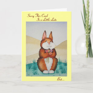 Cute brown bunny and flowers original belated card