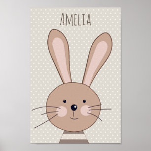 Cute Brown Bunny Beige Dots Personalised Poster