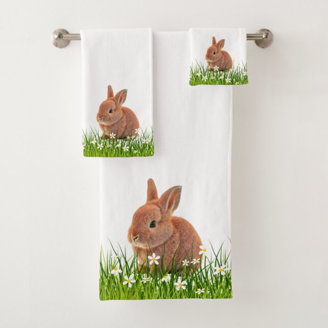 Cute Brown Bunny & Flowers on White Bath Towel Set (Insitu)