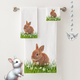 Cute Brown Bunny & Flowers on White Bath Towel Set