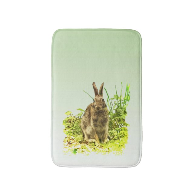 Cute Brown Bunny Rabbit Green Grass Bathmat (Front Vertical)