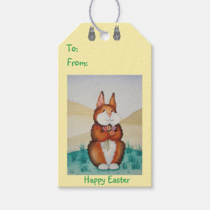 cute brown bunny rabbit holding pretty flowers  gift tags