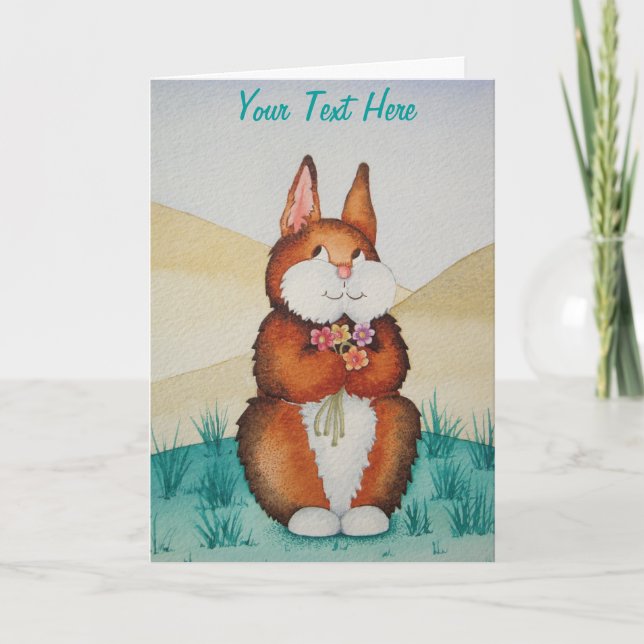 cute brown Bunny smiling and colourful flowers Holiday Card (Front)