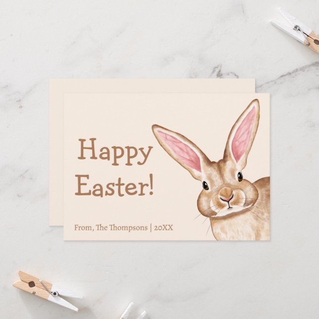 Cute Brown Bunny With Big Ears Beige Happy Easter Card (Front/Back In Situ)