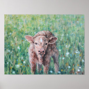 Cute Brown Calf in Flowers Fine Art Print