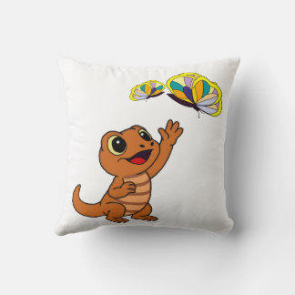 Cute Brown Cartoon Lizard Reaching Butterflies Cushion